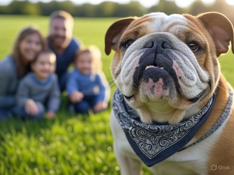 Bulldog with a bandana and new  family.