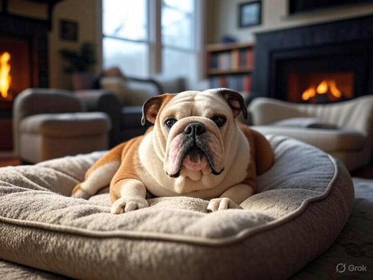 Bulldog on a bed